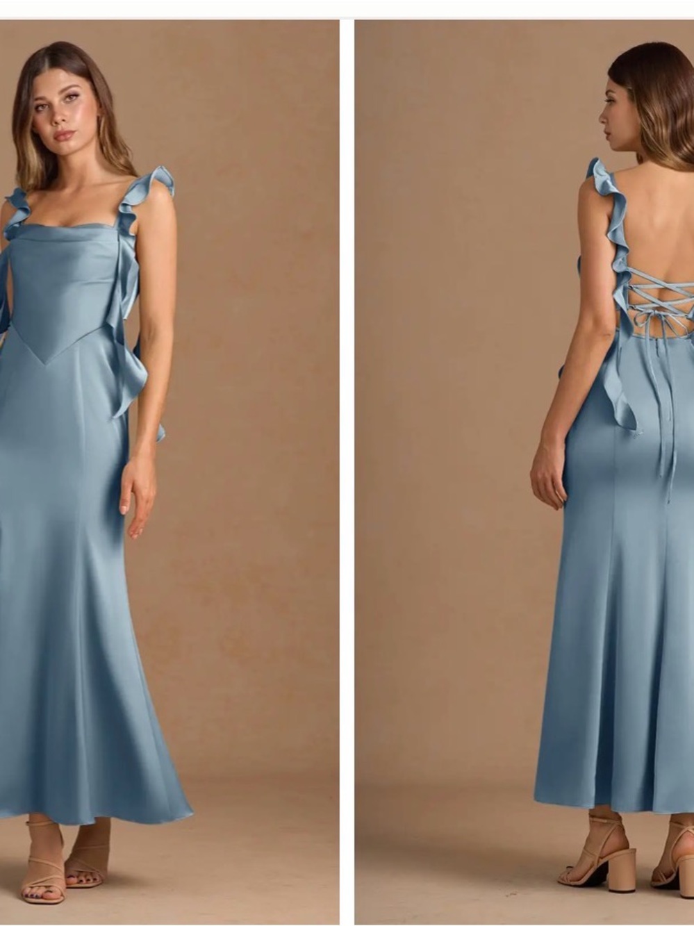 Blue Satin Ruffle Strap Dress - Women's Elegant Evening Dress
